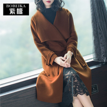 紫檀大衣女新款2018流行大衣无羊绒大衣大翻领过膝长款毛呢外套女图片