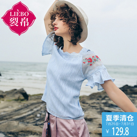 裂帛2018夏新款浪漫花边领刺绣短袖上衣文艺清新雪纺衫女51172423商品大图