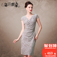 名兰世家V领金丝绒短袖连衣裙女士修身显瘦优雅中老年妈妈女夏装图片
