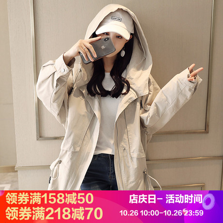 2018春秋新款女装韩版长袖连帽宽松bf短款风衣休闲学生收腰外套潮商品大图