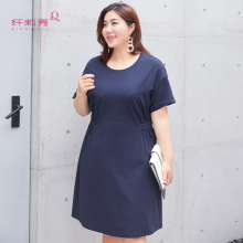 纤莉秀2018夏装新款大码女装弹力短袖连衣裙胖妹妹收腰中长裙图片