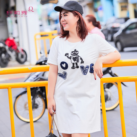 纤莉秀2018夏装新款大码女装胖妹妹弹力圆领印花短袖胖mm连衣裙商品大图