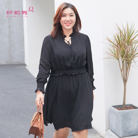 纤莉秀2018夏装新款大码女装胖妹妹200斤复古收腰显瘦中长连衣裙商品大图