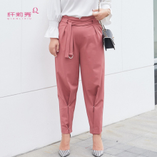 纤莉秀2018年春装新款大码女装D字扣系带按扣休闲长裤图片