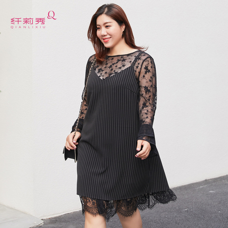 纤莉秀2018夏装新款大码女装花边雪纺吊带背心无袖长款修身连衣裙商品大图