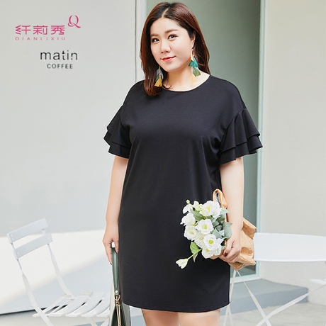 纤莉秀2018夏装新款大码女装短袖中长款收腰显瘦遮肚子藏肉连衣裙商品大图