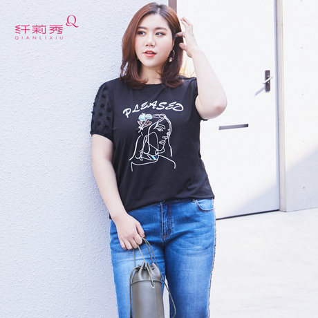 纤莉秀2018夏新款大码女装弹力雪纺韩版修身短袖T恤显瘦上衣商品大图