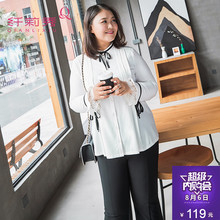纤莉秀大码女装胖mm春装2018新款宽松复古纯色藏肉减龄长袖衬衫图片