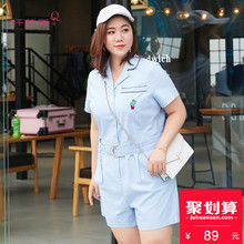 纤莉秀加大码女装胖妹妹2018夏装胖mm气质翻领腰带连体裤图片