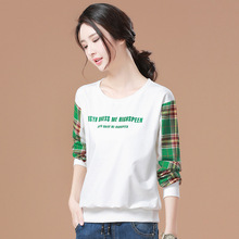 T恤女式shirt 学生字母印体恤百搭上衣韩潮袭人 春季拼色格子长袖