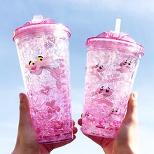 夏天韩国少女心可爱粉红豹塑料水杯卡通双层制冷碎冰渐变色吸管杯
