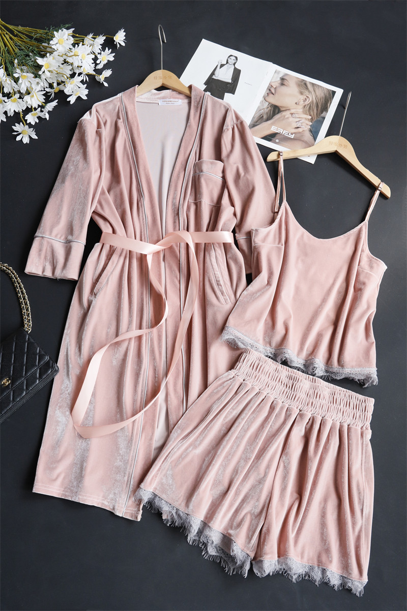 外贸原单女士成人金丝绒气质吊带+短裤+保暖睡袍三件套家居服睡衣