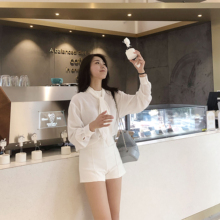 Nini anyway 秋装新品百搭衬衫女装白色兔耳朵领巾2019薄款