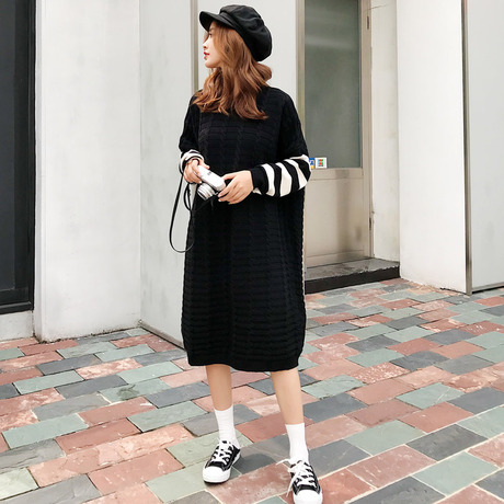 中长款条纹袖慵懒风针织衫连衣裙 套头女宽松胖MM毛衣裙2018冬季商品大图