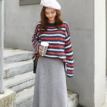 套头条纹针织衫上衣女 宽松显瘦大码慵懒风毛衣2018冬装新款韩版图片