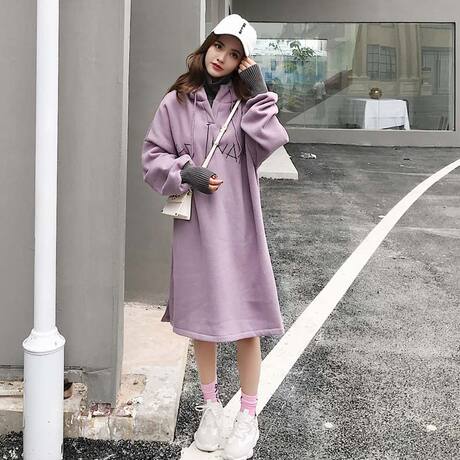 中长款加绒加厚时尚假两件连帽学生卫衣裙 套头女宽松大码2018冬商品大图