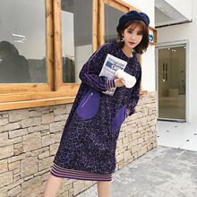 中长款时尚过膝豹纹连帽卫衣裙 套头女宽松胖MM连衣裙2018秋冬潮图片