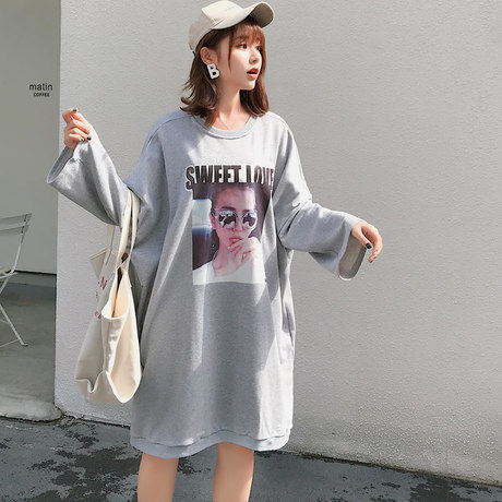 中长款套头胖MMT恤女长袖上衣 宽松显瘦大码卫衣裙秋装蝙蝠袖体恤商品大图