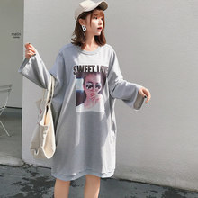 中长款套头胖MMT恤女长袖上衣 宽松显瘦大码卫衣裙秋装蝙蝠袖体恤图片