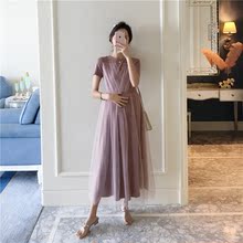AROOM孕妇网纱拼贴连衣裙优雅气质过膝长裙孕期妈妈时尚 裙子2019