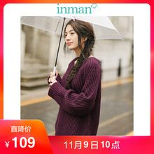 茵曼2018冬装新款圆领净色长袖宽松套头毛衣女F1874132636图片