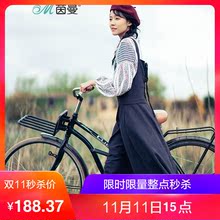 茵曼2018秋装新款净色棉麻宽松中长款A摆背带连衣裙女1873103105图片