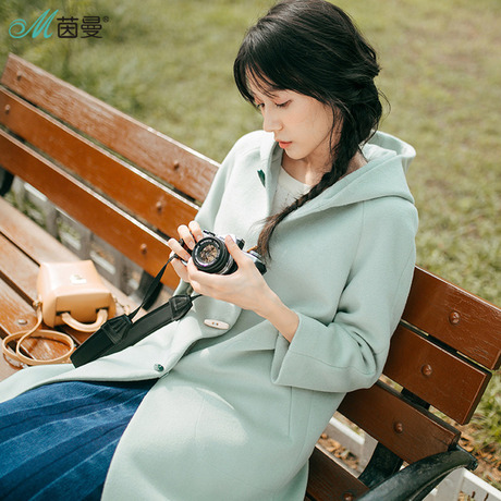 茵曼旗舰店女装2017秋装新款连帽羊毛百搭中长款毛呢外套女商品大图