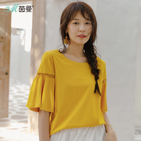 茵曼2018夏装新款韩版纯棉百搭花瓣喇叭袖宽松减龄T恤女中袖上衣商品大图