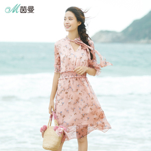 茵曼旗舰店2018夏装新款雪纺碎花V领蝴蝶结橡筋收腰连衣裙女裙子图片