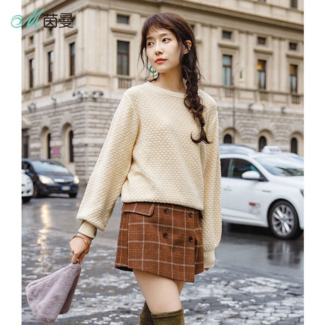 茵曼 2018秋装新款 罗纹圆领气质文艺范羊腿袖毛衣女纯色针织上衣商品大图