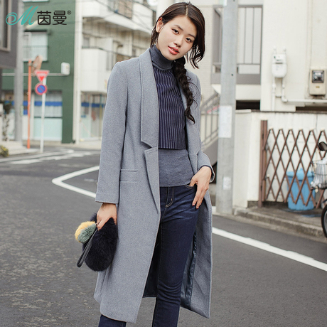 茵曼2018冬装新款纯色简约时尚西装领保暖中长款毛呢外套女呢大衣商品大图