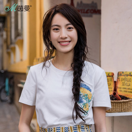 茵曼2018夏季新款白色短袖t恤女弹性棉圆领植物刺绣花百搭ins上衣商品大图