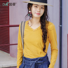 茵曼旗舰店2018春秋新款百搭修身v领T恤女长袖修身纯棉打底衫上衣图片