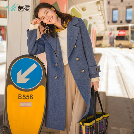 茵曼2018秋冬新款西装领双排扣保暖羊毛大衣女阿尔卡巴双面呢外套商品大图