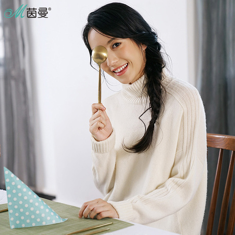 茵曼旗舰店2018秋冬装新款纯色羊绒套头高领休闲毛织衫女打底毛衣商品大图