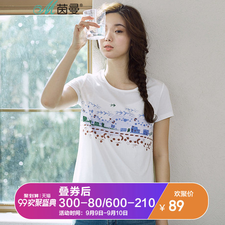 茵曼2018夏装新款原创文艺范印花纯棉T恤女式短袖体恤衫小衫夏商品大图