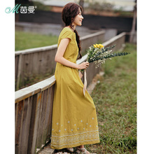 茵曼旗舰店女装裙子2018夏新款纯棉一字领显瘦中长款冷淡风连衣裙图片