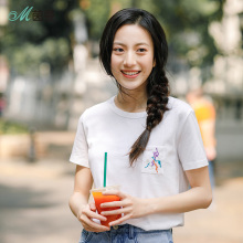 茵曼旗舰店2018夏装新款纯棉圆领短袖绣花百搭T恤女宽松ins上衣图片