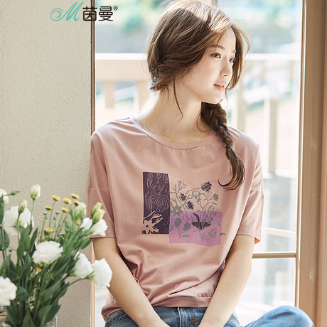 茵曼2018夏装新款百搭圆领文艺范印花显瘦棉质T恤女短袖宽松上衣商品大图
