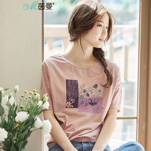 茵曼2018夏装新款百搭圆领文艺范印花显瘦棉质T恤女短袖宽松上衣图片