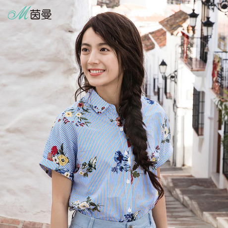 茵曼旗舰店2018新款夏装纯棉翻领印花条纹清新衬衣宽松短袖衬衫女商品大图