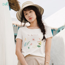 茵曼2018新款夏装弹性棉圆领印花文艺范短袖白色T恤女小清新上衣图片