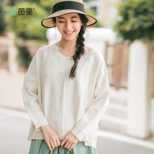 茵曼2017秋装新款文艺范花边领上衣女落肩长袖针织毛衣186413218图片