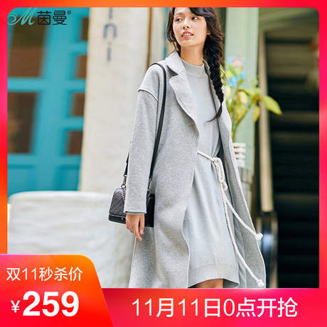 茵曼2017秋冬新款文艺系带收腰长款羊毛呢大衣女呢外套1863321283商品大图