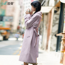 茵曼2017冬新款双排扣羊毛毛呢外套女长款收腰呢子大衣1874321082图片