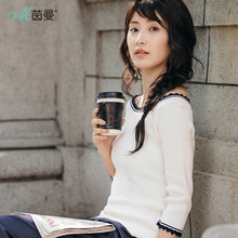 茵曼2018春新款撞色波浪花边圆领五分袖修身坑纹针织毛衣女打底图片