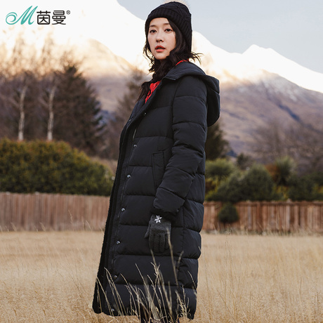 茵曼旗舰店2018冬装新款保暖连帽白鸭绒羽绒服女装过膝中长款外套商品大图