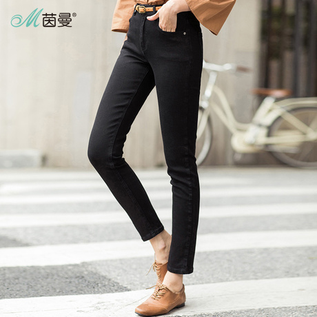 茵曼2018夏装新款修身显瘦小脚弹力黑色牛仔裤女裤铅笔裤紧身长裤商品大图