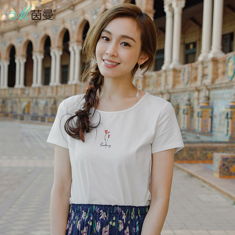 茵曼2018夏装新款韩版印花简约百搭弹棉短袖T恤女半袖上衣小衫商品大图