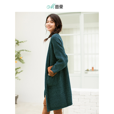 茵曼旗舰店秋新款文艺范毛衣宽松休闲百搭针织衫开衫女中长款外套商品大图